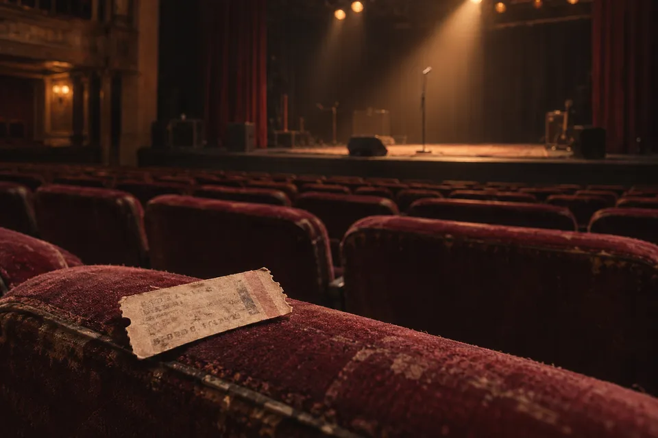 Illustratief beeld van een lege concertzaal met microfoon en een ticket op de voorgrond